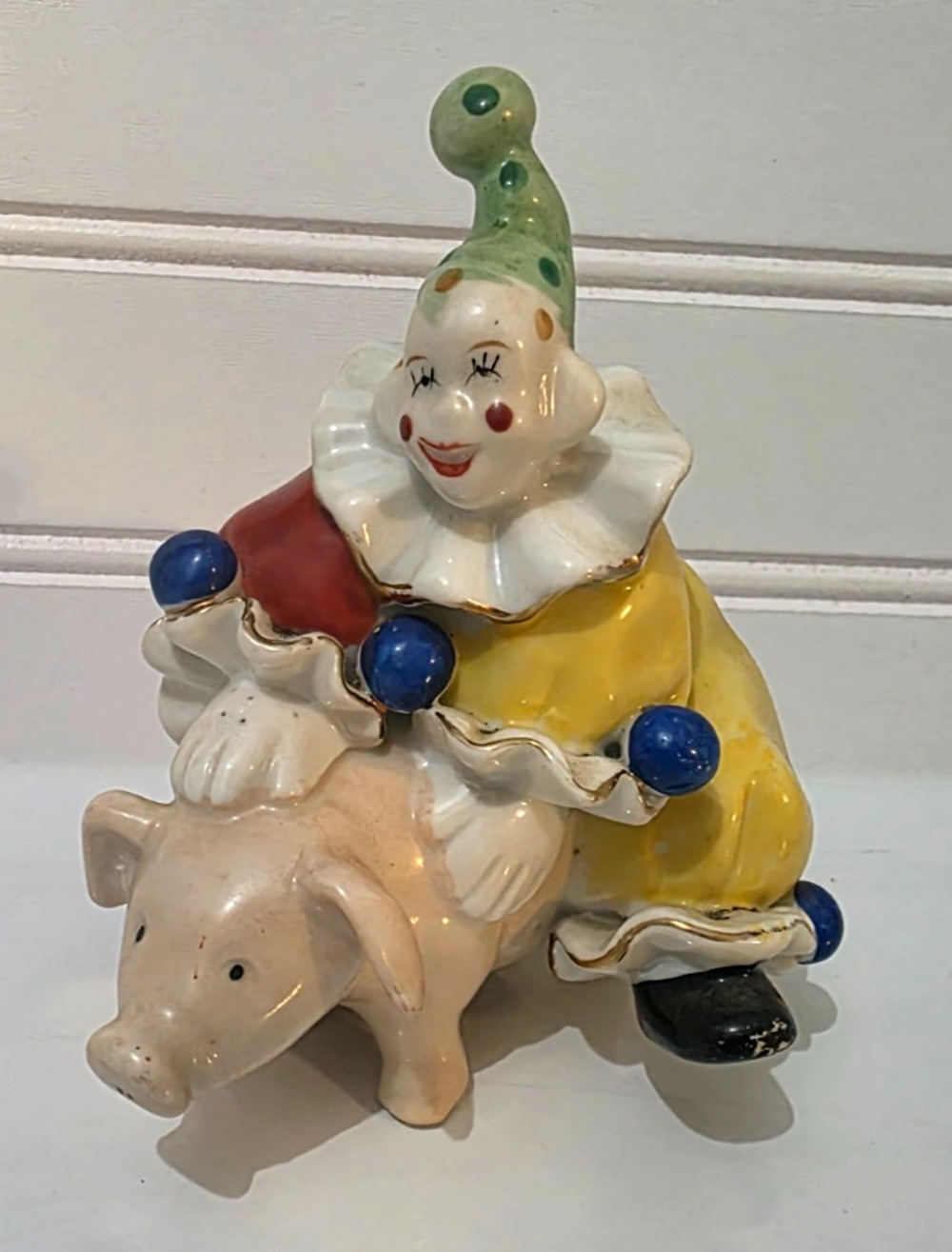 Orion Circus Clown Riding Pig Figurine Made in Japan Porcelain 4.75" by 4"